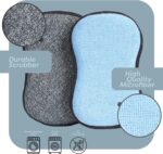 Six SCRUBIT multi-purpose microfiber kitchen sponges in gray and blue, stacked neatly on a clean surface.