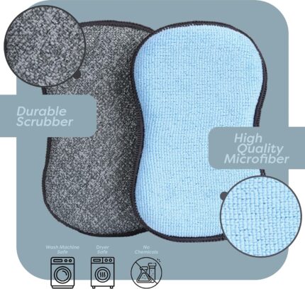 Six SCRUBIT multi-purpose microfiber kitchen sponges in gray and blue, stacked neatly on a clean surface.