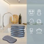 Six SCRUBIT multi-purpose microfiber kitchen sponges in gray and blue, stacked neatly on a clean surface.