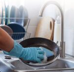 Six SCRUBIT multi-purpose microfiber kitchen sponges in gray and blue, stacked neatly on a clean surface.