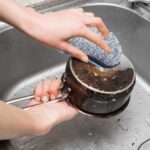 Six SCRUBIT multi-purpose microfiber kitchen sponges in gray and blue, stacked neatly on a clean surface.