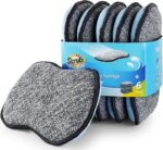 Six SCRUBIT multi-purpose microfiber kitchen sponges in gray and blue, stacked neatly on a clean surface.