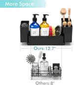Black sponge holder for kitchen sink with a white drying stone and two removable cups, holding sponges and brushes.