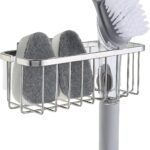 SunnyPoint NeverRust Deluxe Stainless Steel Sink Sponge Holder with an adhesive mount, shown in a clean kitchen sink.