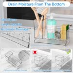 A clear plastic SuoXing sink caddy with multiple compartments holding sponges, a dish brush, and soap bottles.
