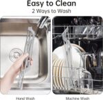 Gray Tomorotec triangle roll-up dish drying rack extended over a sink corner with dishes and sponges on it.